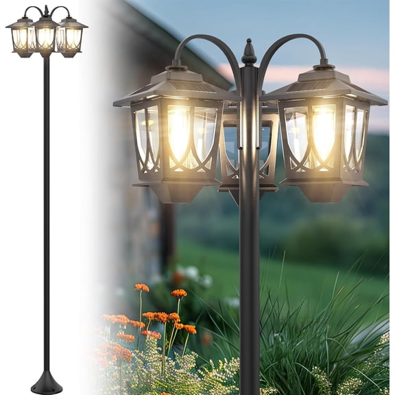 73"  Solar Lamp  Light, 3- Pole Lights 90LM  -  Dusk to Warm White  Floor Lamp for Outdoor Garden Pathway Replaceable Bulb