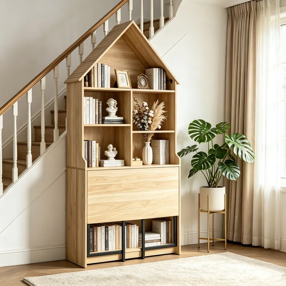 73" Tall Angle Arched Bookcase with Folding Desk, Modern Geometric Open Display Bookself, Wooden Storage Cabinet for Office, Living Room, Kitchen