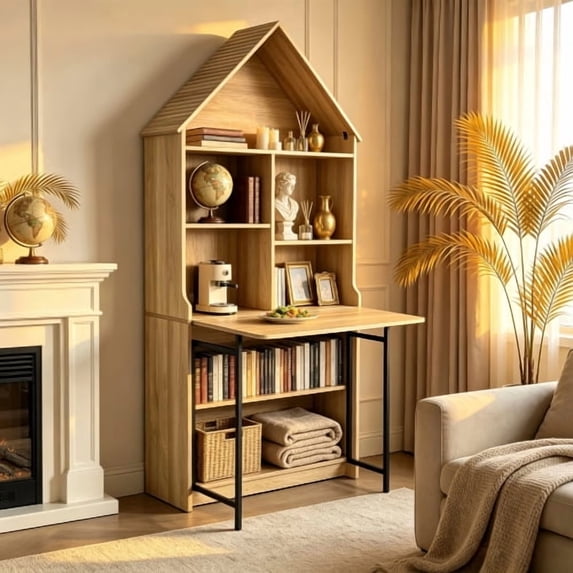 73" Tall Angle Arched Bookcase with Folding Desk, Modern Geometric Open Display Bookself, Wooden Storage Cabinet for Office, Living Room, Kitchen