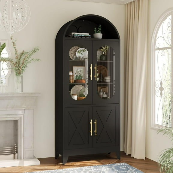 73" Tall Arched Kitchen Pantry Cabinet, Modern Metal Farmhouse Storage Cabinets, Steel Cabinet with Glass Doors and Adjustable Shelves, Living Room, Dining Room and Office, Black
