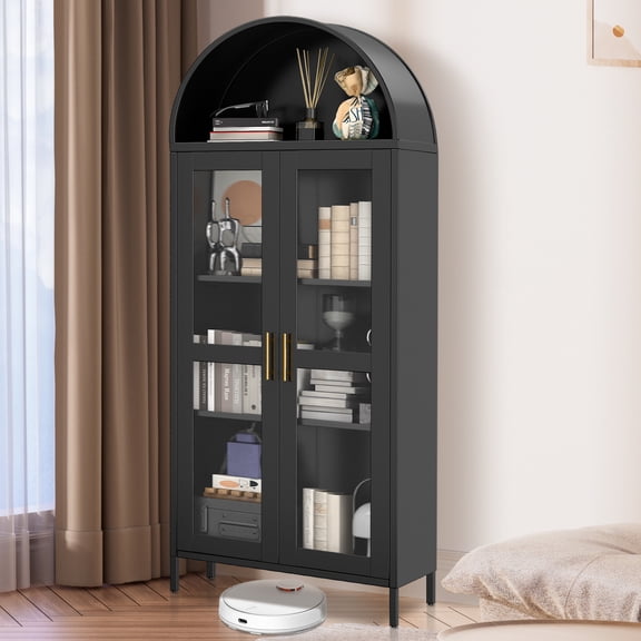 73" Tall Arched Metal Storage Cabinet with Glass Doors – Modern Freestanding Pantry Cabinet with Adjustable Shelves & Display Bookshelf for Kitchen, Dining Room & Living Room, Black