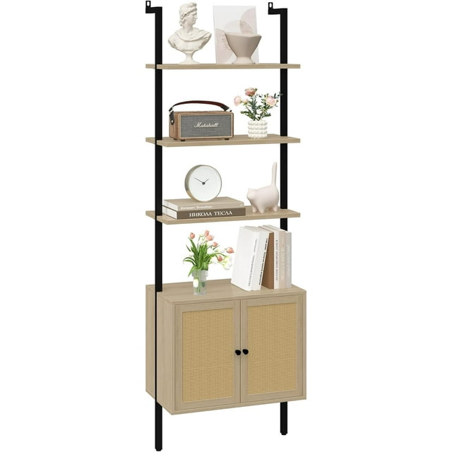 73" Tall Bookshelf with Cabinet, Industrial Ladder Wall Mount Shelf Rattan Bookcase with Wood and Metal Frame, Plant Shelf Wall Storage Display for Living Room Bedroom,Light Ivory Brown