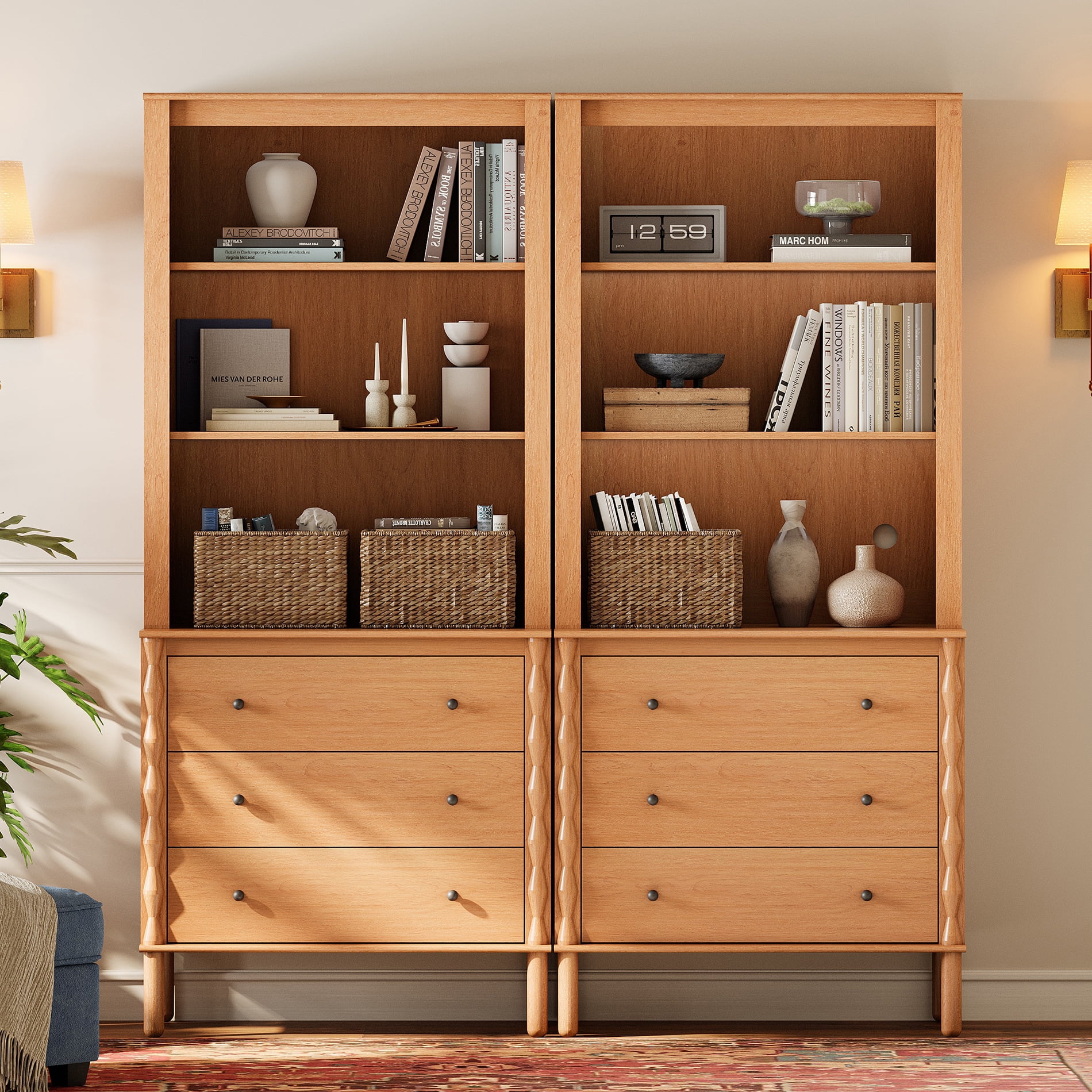 73" Tall Bookshelf with 3 Drawers and Open Book Shelves,Set of 2,Walnut