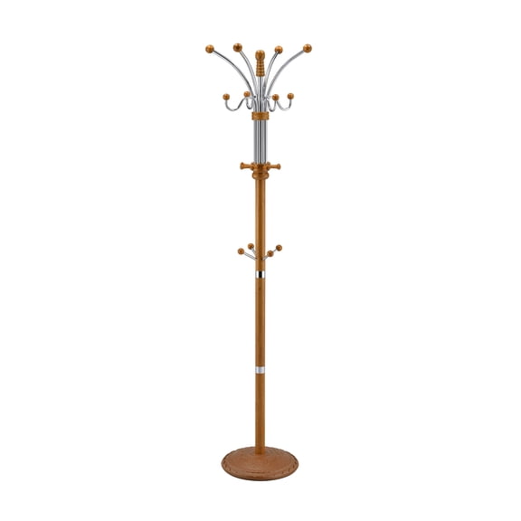 73" Tall Chrome & Wood Coat Rack Rustic Oak Finish, Modern Entryway & Closet Solution