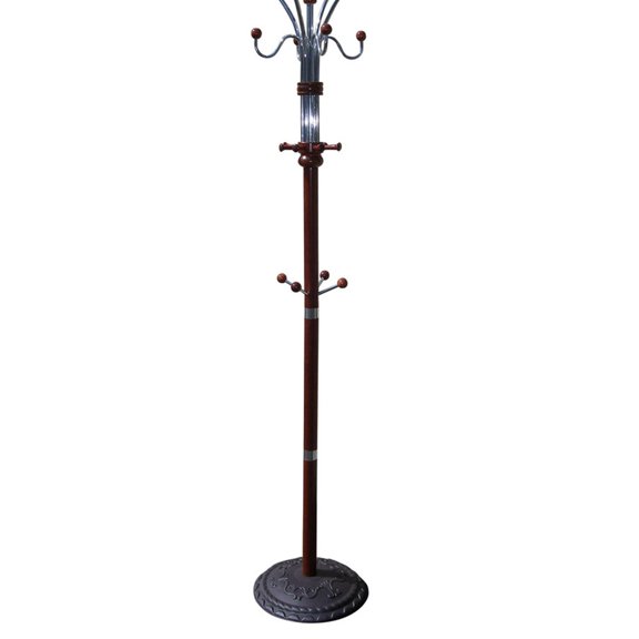 73" Tall Chrome and Wood Coat Rack, Cherry finish