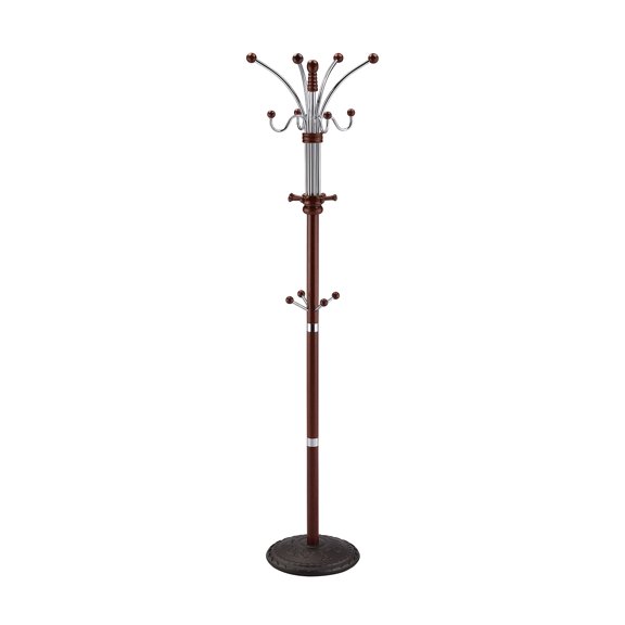 73" Tall Chrome and Wood Coat Rack, Cherry finish