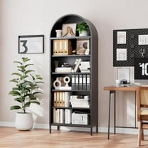 73 in Tall Metal Arched Bookcase, 6-Tier Arched Bookcase, Modern Farmhouse Bookshelf with 2 Adjustable Shelves, Pantry Display Cabinet for Living Room, Black, Assembly Required