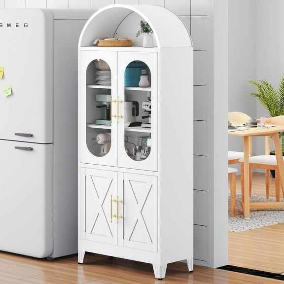 73" Tall Metal Arched Cabinet, Kitchen Pantry Cabinet with Glass Doors & 3 Adjustable Shelves, Arched Bookshelf Cabinets for Kitchen, Bathroom, Living Room, Dinging Room (White)
