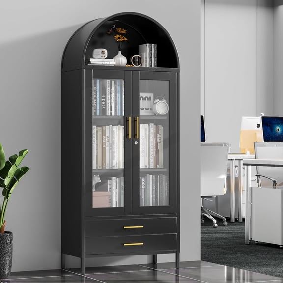 73" Tall Metal Arched Display Cabinet with Glass Doors, Freestanding Kitchen Pantry with 2 Drawers, Black