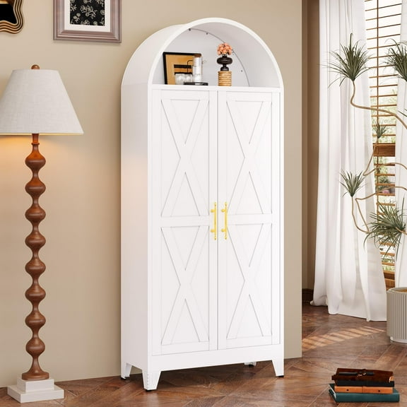 73" Tall Metal Arched Kitchen Pantry Cabinet, Modern Farmhouse Storage Cabinets with 2 Doors & 4 Adjustable Shelves, 6-Tier Cupboard with Open Storage Area, Versatile Bookcase/Hutch-White