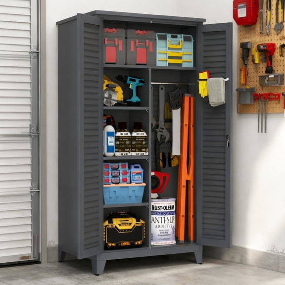 73" Tall Metal Tool Storage Cabinet, with Ample Storage Space for Garage,Warehouse,Garden,Office, Living Room,Bathroom,Utility Room ( Slate )