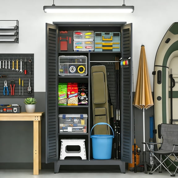 73" Tall Steel Tool Storage Cabinet, Garage Storage Cabinet with Pegboard & Hanging Rods, Multi-Scenario Utility Cabinet for Workshop, Garden, Office, Living Room, Bathroom