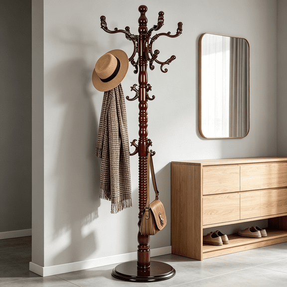 73" Wood Coat Rack, Coat Rack Freestanding with Stable Round Base, Adjustable Height Tree Coat Rack Stand for Home, Bedroom, Office, Hallway, Entryway, Redwood