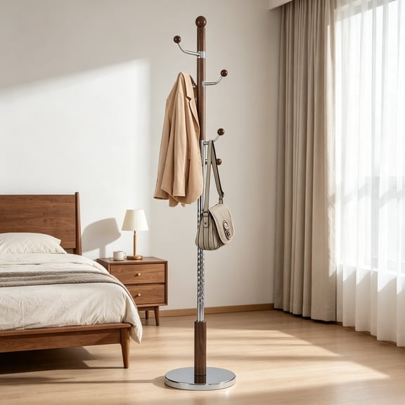 73" Wood Coat Rack, Coat Rack Freestanding with Stable Round Base, Adjustable Height Tree Coat Rack Stand for Home, Bedroom, Office, Hallway, Entryway, Walnut Metal Hook