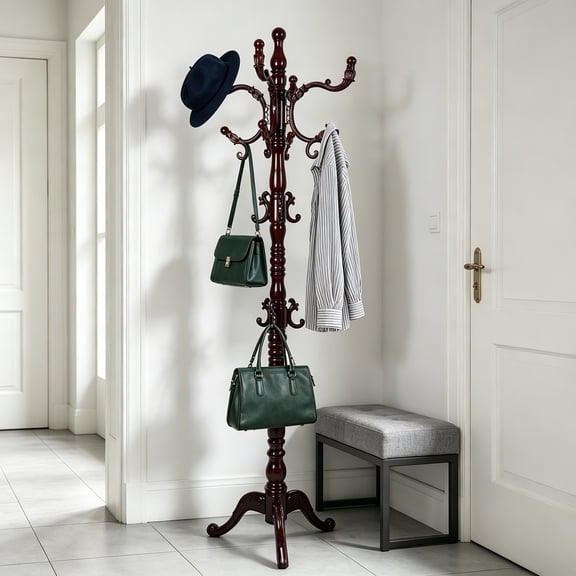 73" Wooden Coat Rack Stand, Coat Rack Freestanding with 14 Hooks and Solid Round Base, Heavy Duty Adjustable Height Hall Tree for Entryway, Hallway, Foyer, Office, Bedroom, 3-Legged Redwood