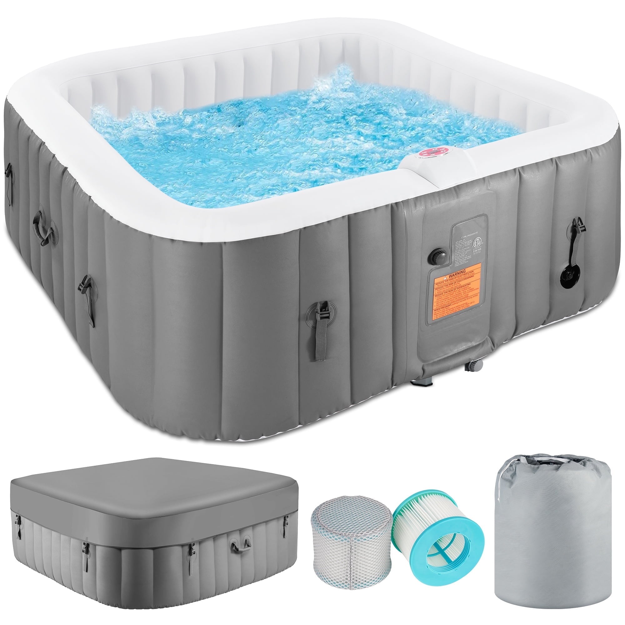 73 inch 4-6 Person Inflatable Hot Tub Spa with Control Panel, Outdoor Portable Hottub with 130 Jets, Insulated Tub Cover and Floor Protector, Temperature up to 104°F, Gray