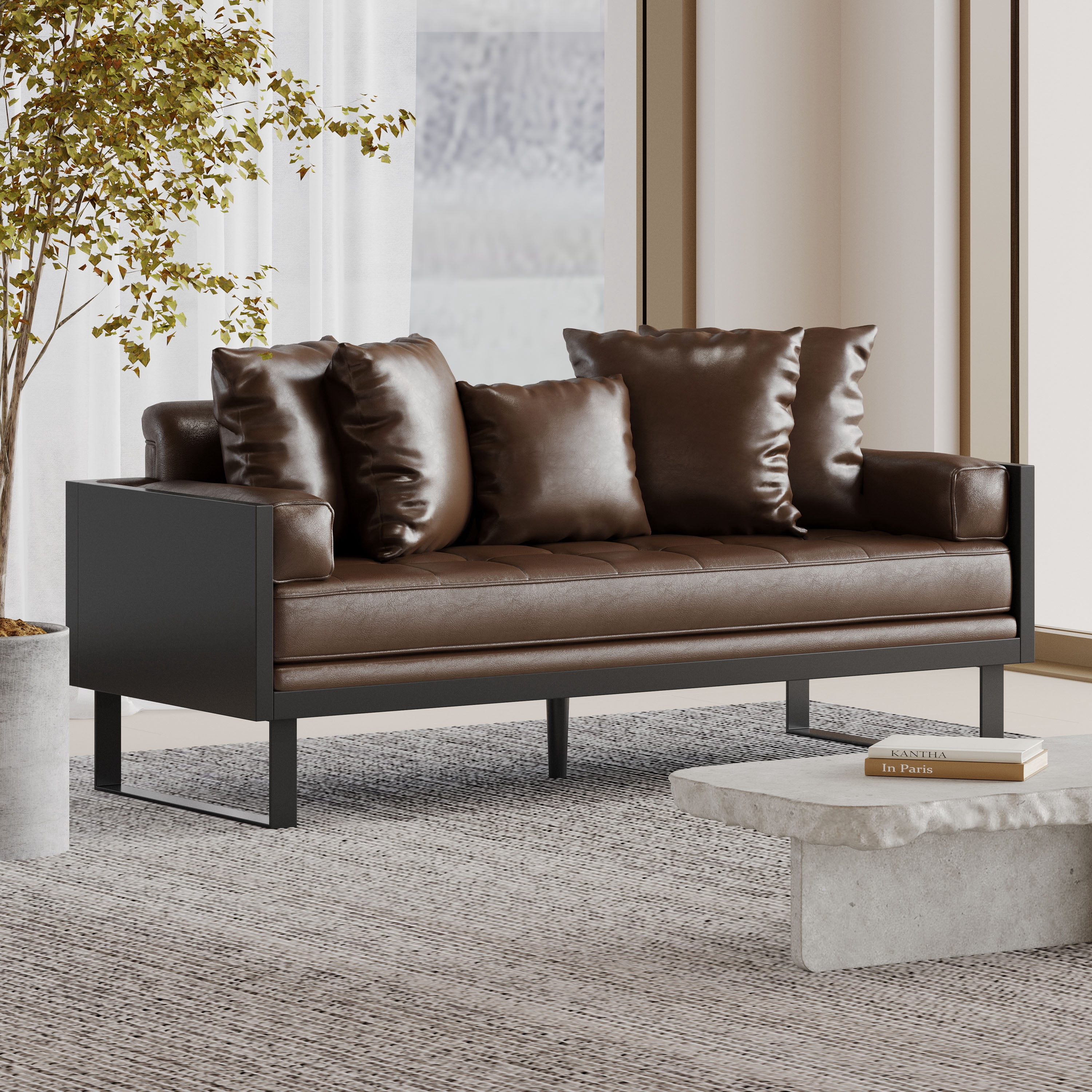 73 inch Modern Faux Leather 3 Seat Sofa,Living Room Furniture with Armrest Button Tufted Seat Upholstered Small Cushion for Bedroom Apartment Office,Dark Brown