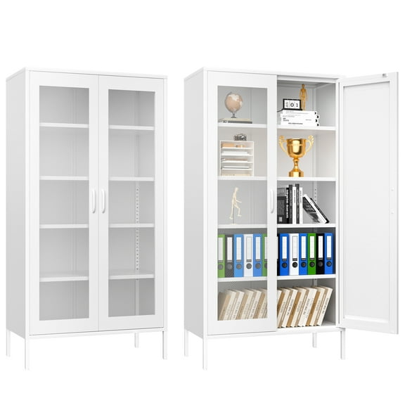 73 inches Metal High Storage Cabinet with 2 Wire Mesh Doors, Suitable for Homes, Offices and Dining Rooms