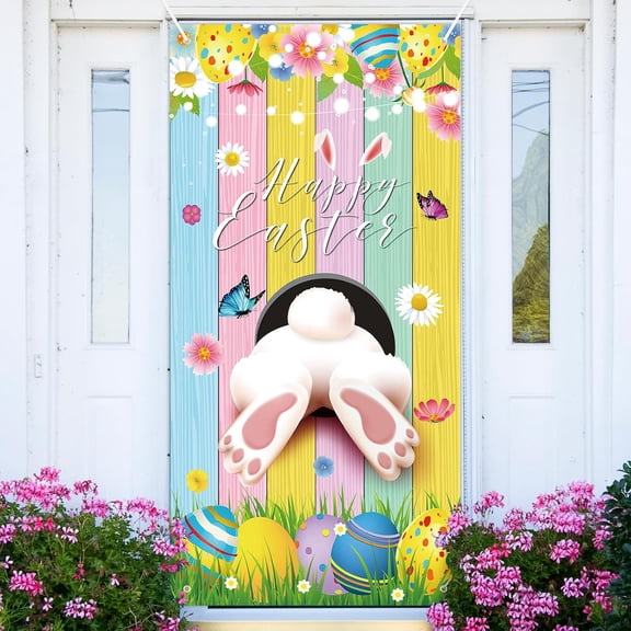 73 x 36 Inch Happy Easter Banner Door Cover, Colorful Bunny Butt and Egg Themed Porch Sign, Large Front Door Wall Backdrop for Indoor Outdoor Spring Party Decorations and Photo Booth Props