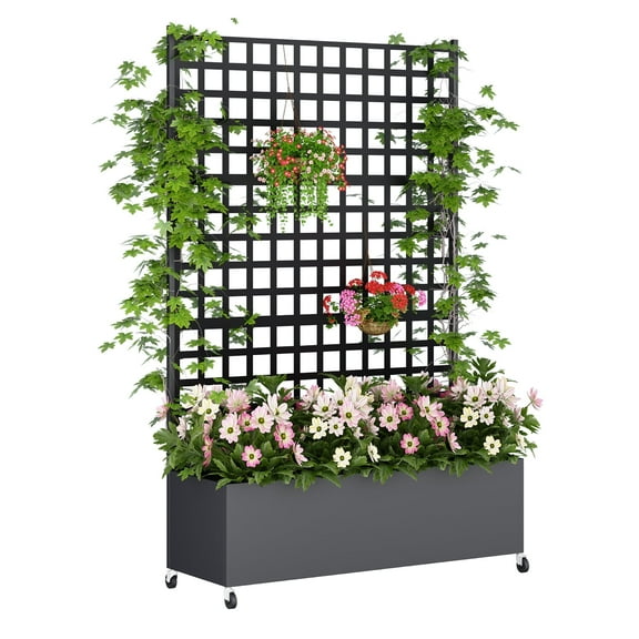 73"x 47"x 16"Metal Planter Box with Trellis Privacy Screen, Raised Garden Bed with Lattice Trellis & Wheels, Privacy Planters for Patio, Planter Box for Climbing Plants,Black