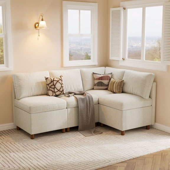 73" x 50" Breakfast Nook Bench with Storage, Breathable Beige Chenille L-Shaped Corner Bench, 4-Seat Space-Saving Seating