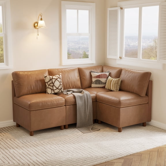 73" x 50" Breakfast Nook Bench with Storage, Cat-Scratch Resistant Brown Faux Leather L-Shaped Corner Bench, 4-Seat Seating