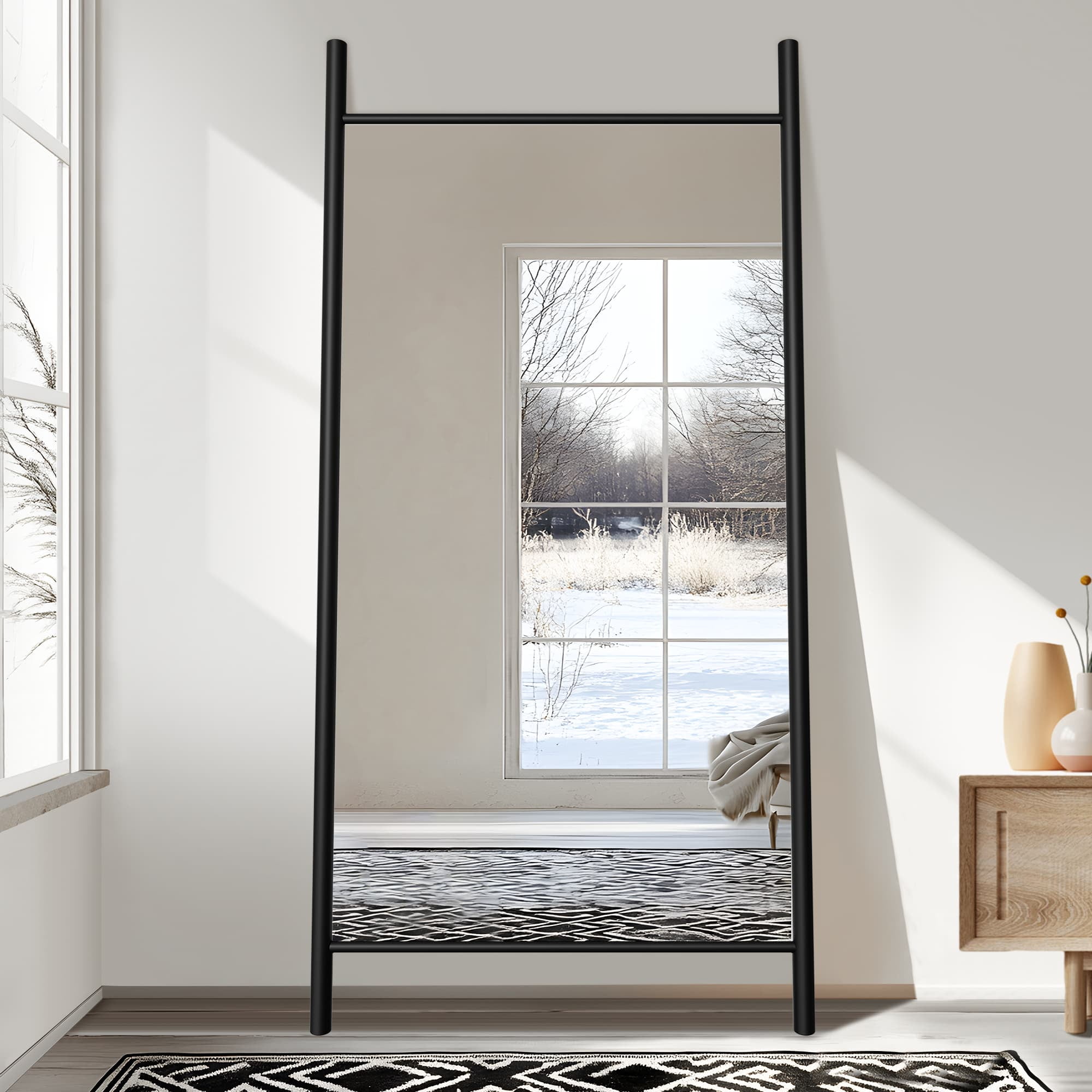 73"x35" Wood Full Length Mirror Ladder Rectangle Floor Mirror, Black