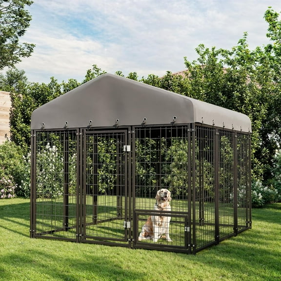 73"x70"x65" Dog Kennel Outside, Large Outdoor Dog Kennel with Feeding Door and Double Lock, Heavy-Duty Weatherproof Dog Cage and Dog Fence with Roof, Dog House Outdoor for Large Dogs, Easy Assembly
