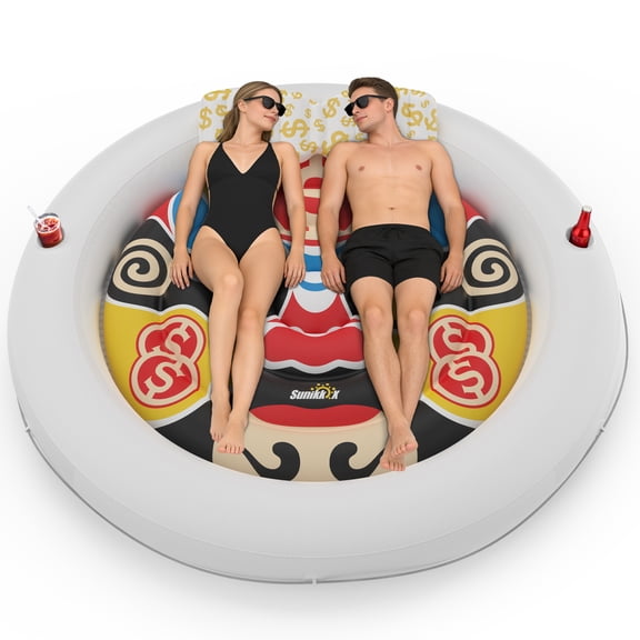 73"x73" Inflatable Tanning Pool Floats Lounger Bed for Adults, Lucky Design XL Round Blow Up Pool Raft with Cup Holders, Pillow, 500lb, Sunbathing, Pool, Beach, Lake, Backyard Party