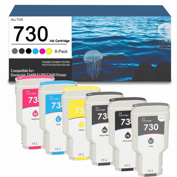 730 Ink Cartridge 300ml P2V68A P2V69A P2V70A P2V71A P2V72A P2V73A ink cartridge Replacement for Designjet T1600 T1700 T2600 Printer(6-pack)