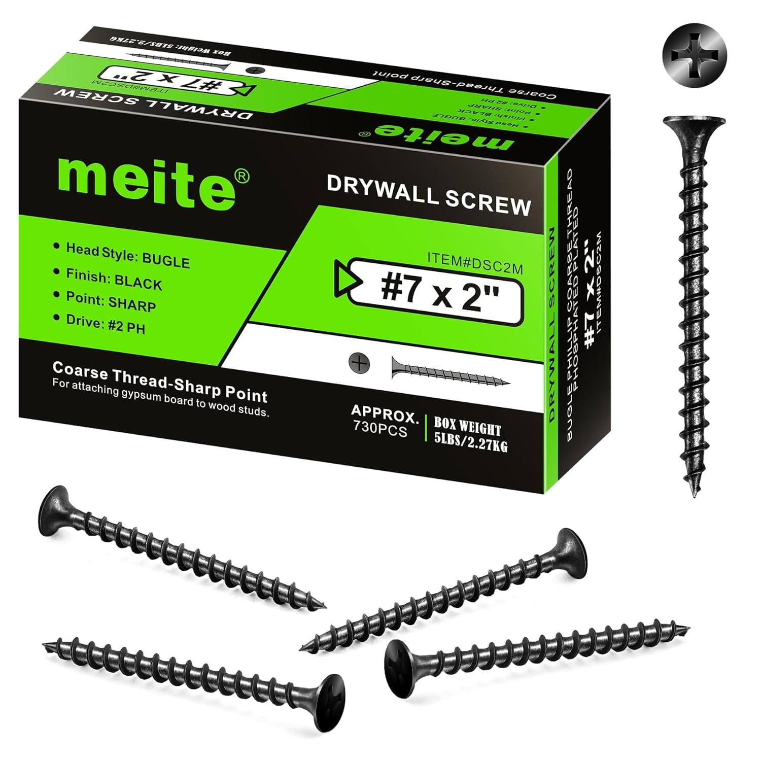 730 Pcs MEITE Drywall Screws, #7 x 2 Coarse Thread Wood Screws for Drywall, Black Sheetrock Screws, Phosphate Finish Phillips Drive Dry Wall Screws (5 LBS)