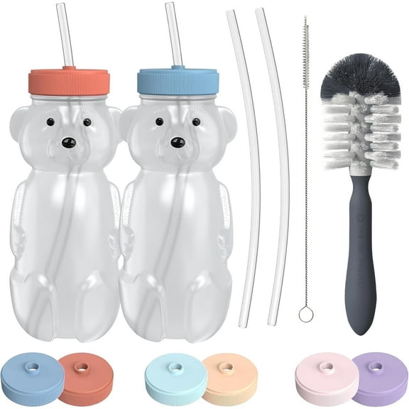 The 730 Project Honey Bear Straw Cup, BPA-Free, 8 oz, Leak-Proof Lid, Bottle Brush, 4 Straws, Red/Blue, 2 Pack