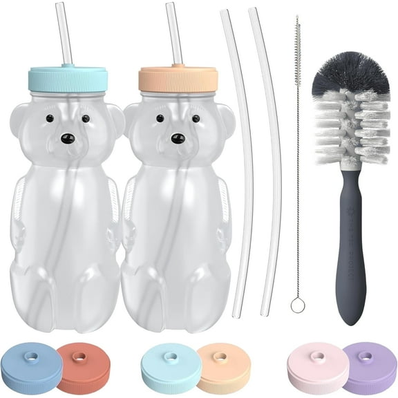 The 730 Project Honey Bear Straw Cup, BPA-Free, 8 oz, Leak-Proof Lid, Bottle Brush & 4 Straws, Aqua/Peach, 2 Pack
