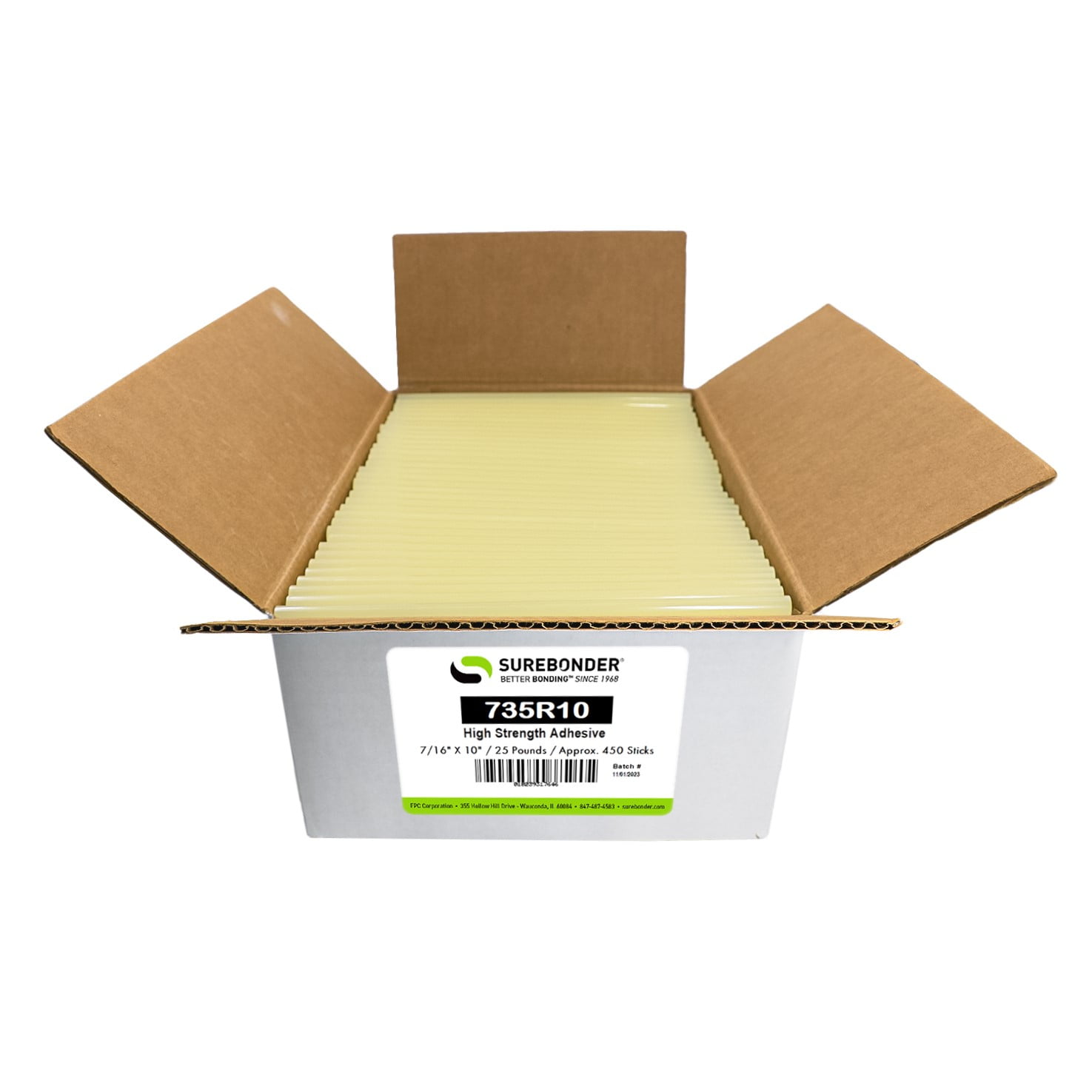 Surebonder Industrial High Strength Hot Glue Sticks, Standard Full Size 7/16" x 10" Length, 25 lb. Box, 450 Sticks, Amber Color, For Tough Applications - Made in USA (735R10)