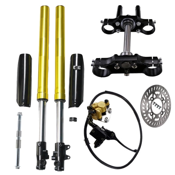 735mm Gold Front Forks Shock with Triple Tree Clamps, Front Hydraulic Brake Caliper Cylinder for DIY Pit Dirt Bike Off-Road Motorcycle Scooter Razor Apollo Taotao Atomik