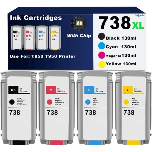 738 738xl Ink Cartridges Compatible with 738 Ink Cartridge for DesignJet T850 T950 Printer Ink 4-Pack 738 130-ml Black Cyan Yellow Magenta