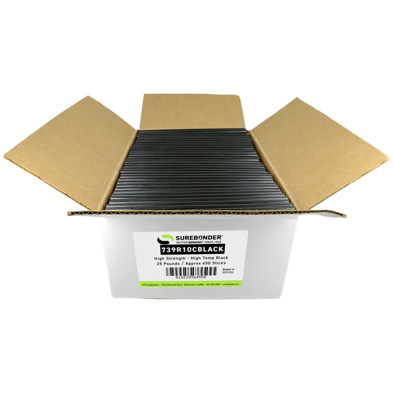 739R10CBlack Full Size 10 Wood Adhesive Black Hot Glue Sticks - 25 lb Box  