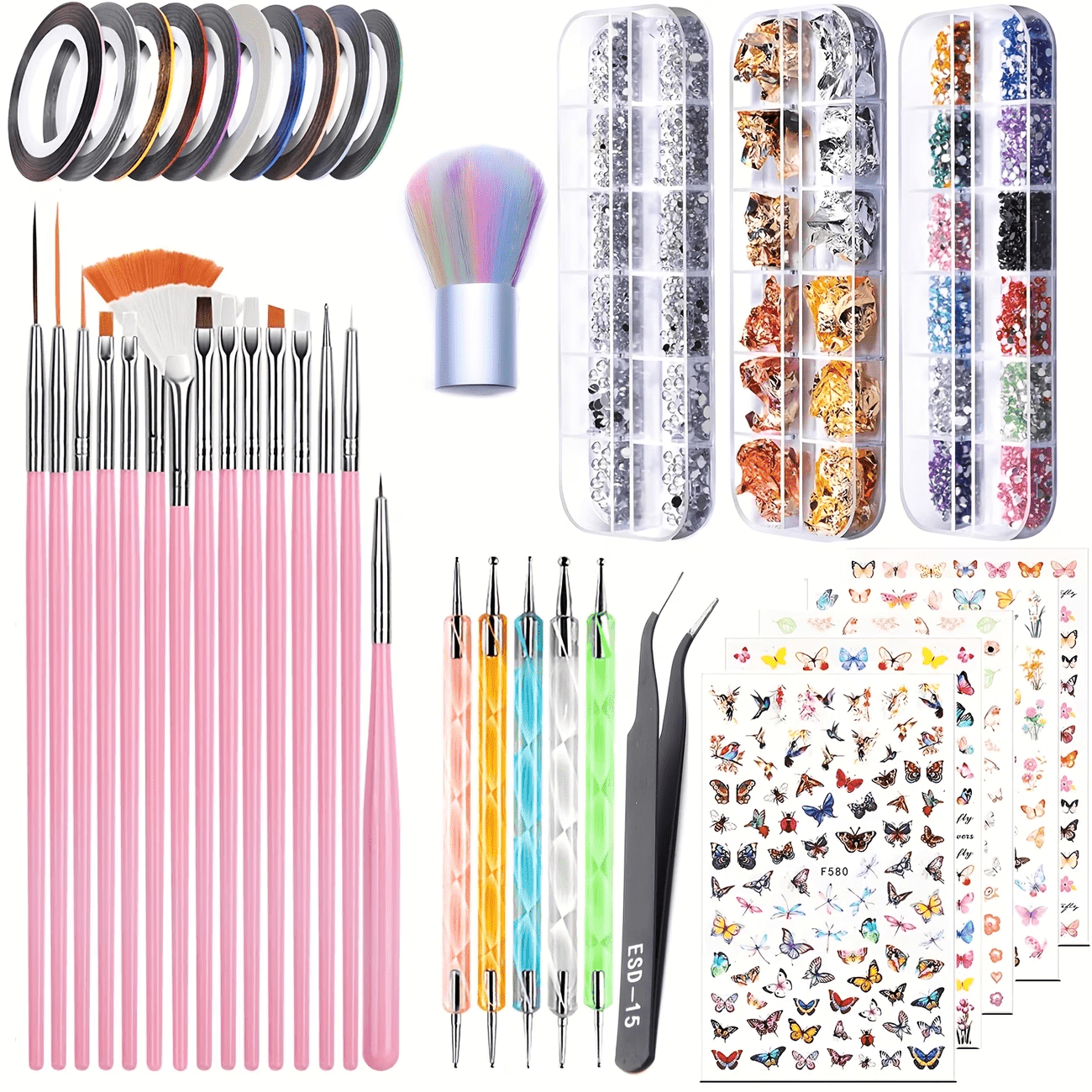 73PCS Nail Art Brushes Set,Nail Art Tools Kit,Nail Supplies with Nail Art Pens,Nail Dotting Tool,Nail Rhinestones,Nail Foil,Dust Brush,Butterfly Nail Art Sequins,Nail Stickers for Nail Art