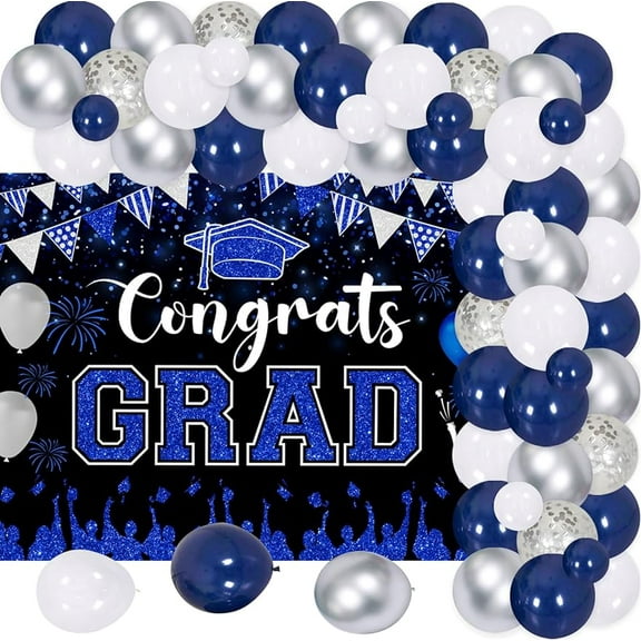 73Pcs Congrats Grad Decorations 2024, Navy Blue and Silver Graduation Decor with Congrats Grad Backdrop Navy Blue Silver Balloon Garland Arch Kit for Class of 2024 Grad Prom Graduation Supplies