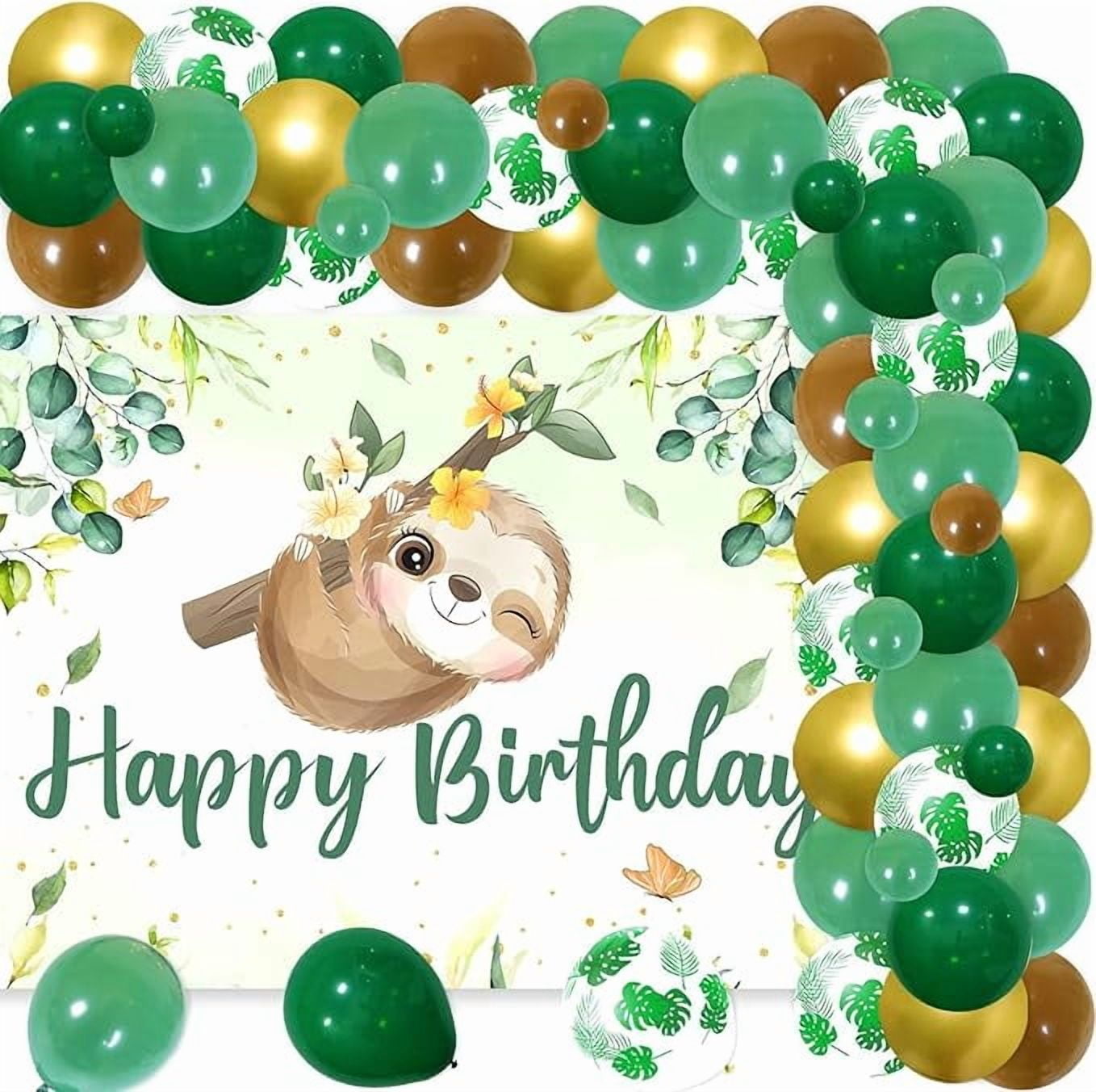 73Pcs Sloth Theme Birthday Decorations, Sloth Happy Birthday Backdrop Green Brown Balloon Arch Kit for Kids Tropical Jungle Animal Themed 1st/2nd/3rd/4th Birthday Supplies