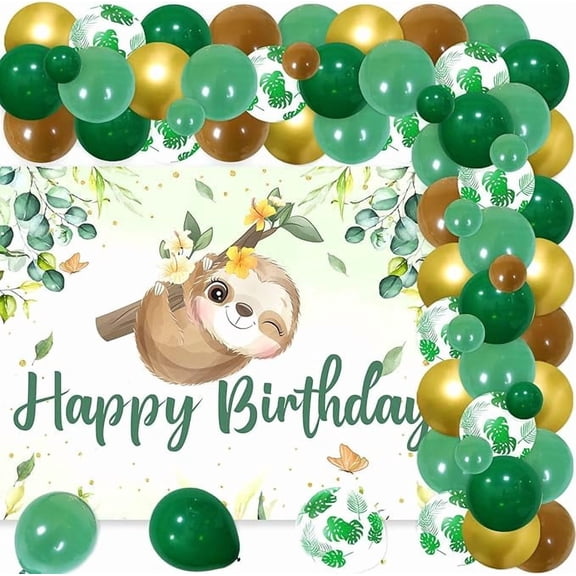73Pcs Sloth Theme Birthday Decorations, Sloth Happy Birthday Backdrop Green Brown Balloon Arch Kit for Kids Tropical Jungle Animal Themed 1st/2nd/3rd/4th Birthday Supplies