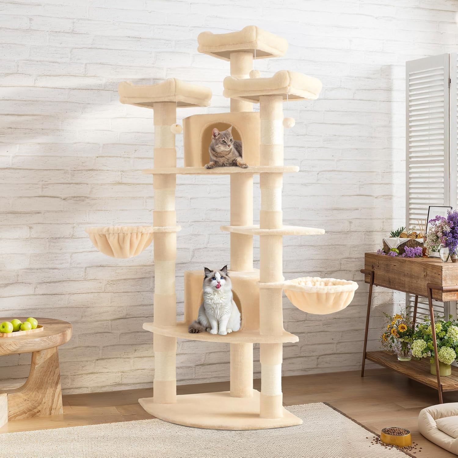 73in Fan-shaped Space-saving Corner Cat Tower/multi-level Tall Tree For Indoor Kitties/cozy Baskets/condos/house/perches/sisal Posts/pet Activity Center/beige