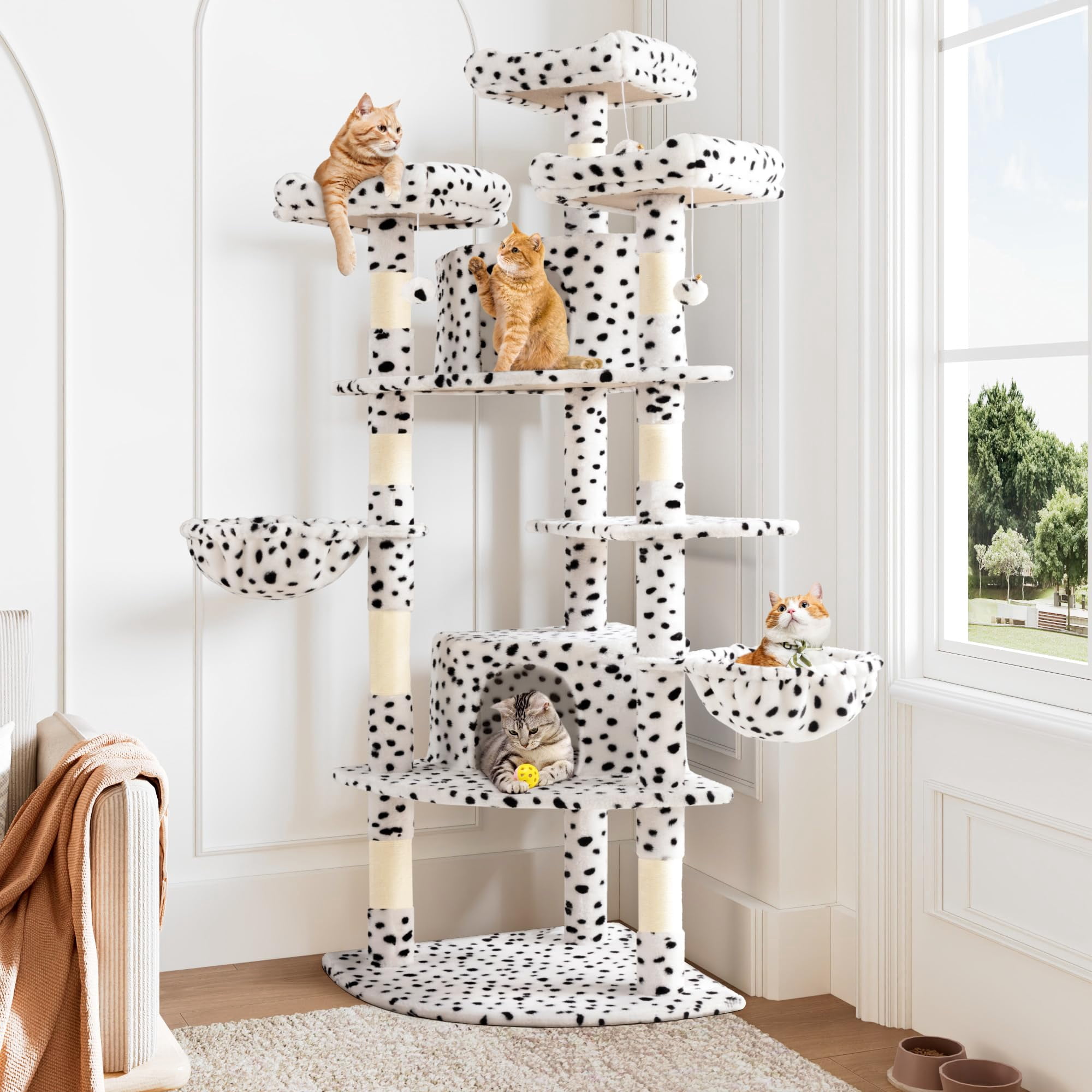73in Fan-shaped Space-saving Corner Cat Tower/multi-level Tall Tree For Indoor Kitties/cozy Baskets/condos/house/perches/sisal Posts/pet Activity Center/white & Black Spot
