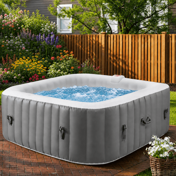 73in Square Hot Tub for 4-6 Person, Seizeen Inflatable Hot Tub Home SPA for Outdoor, 910L Capacity, 130pcs Massage Jets, w/4 Filters, Lockable Cover, Storage Bag, 2 Cup Holder, Gray