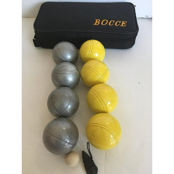 73mm Metal Bocce/Petanque 8 Ball Set with 4 Striped Grind Sand and 4 Yellow Balls and Black Bag
