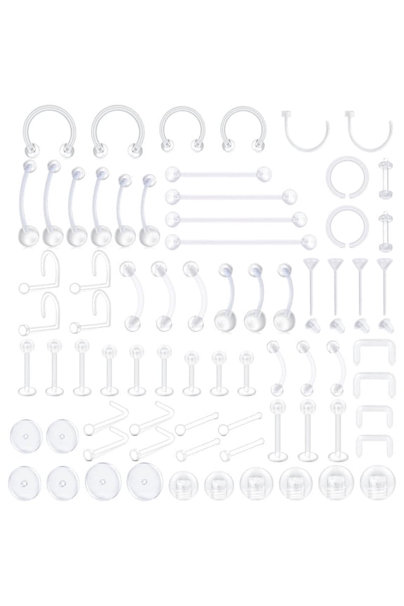 73pcs Clear Piercings Retainers Kit Nose Septum Eyebrow Lip Labret Piercing Retainer Tongue Belly Nipple Tragus Cartilage Rings Bioflex Plastic Industrial Barbell Jewelry for Work