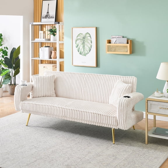 Minimalist Style, Straight line Corduroy Sofa Suitable for Sitting and Lying in The Living Room and Bedroom White
