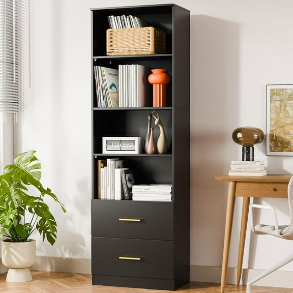 74.1'' Bookshelf,Tall Bookcase with Drawers, 4-Tier Open Bookshelf with Adjustable Storage Shelves,23.6 Inches Wide Floor Standing Bookcase for Home Office,Bedroom,Living Room,Black