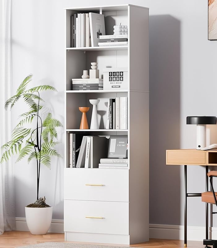 74.1'' Bookshelf,Tall Bookcase with Drawers, 4-Tier Open Bookshelf with ...