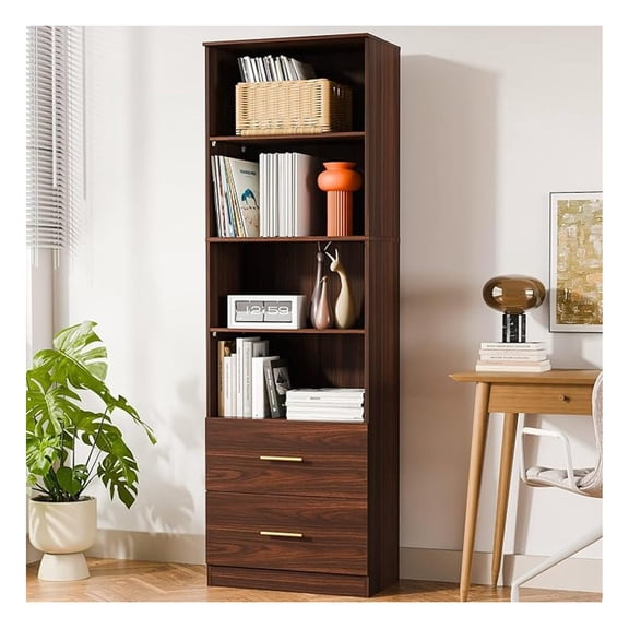 74.1'' Bookshelf,Tall Bookcase with Drawers, 4-Tier Open Bookshelf with Adjustable Storage Shelves,23.6 Inches Wide Floor Standing Bookcase for Home Office,Bedroom,Living Room,Brown